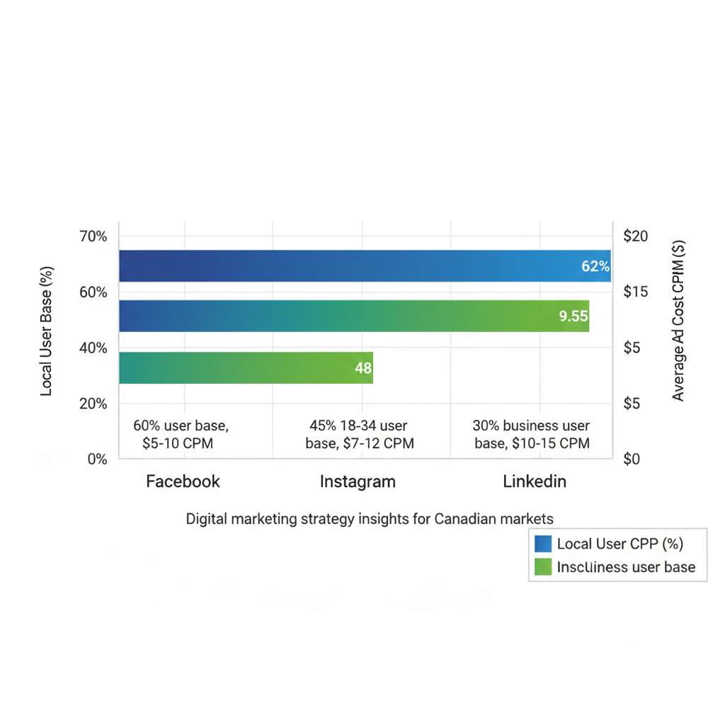 Horizontal bar chart comparing Facebook, Instagram, and LinkedIn for Edmonton businesses by user base percentage and ad cost CPM.