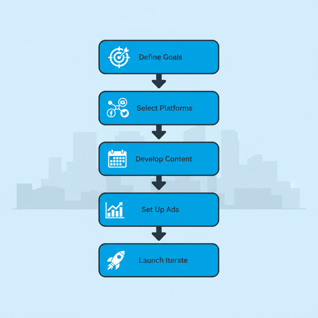 Vertical process flow diagram illustrating five steps to launch social media in Edmonton with icons and minimal labels.