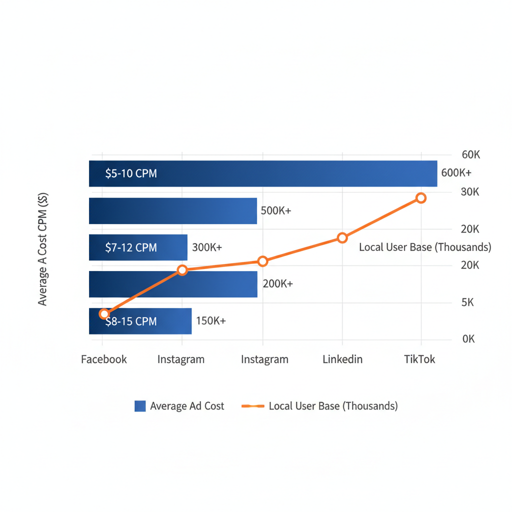 Horizontal bar chart comparing social media platforms by ad cost CPM and local user base for Edmonton businesses