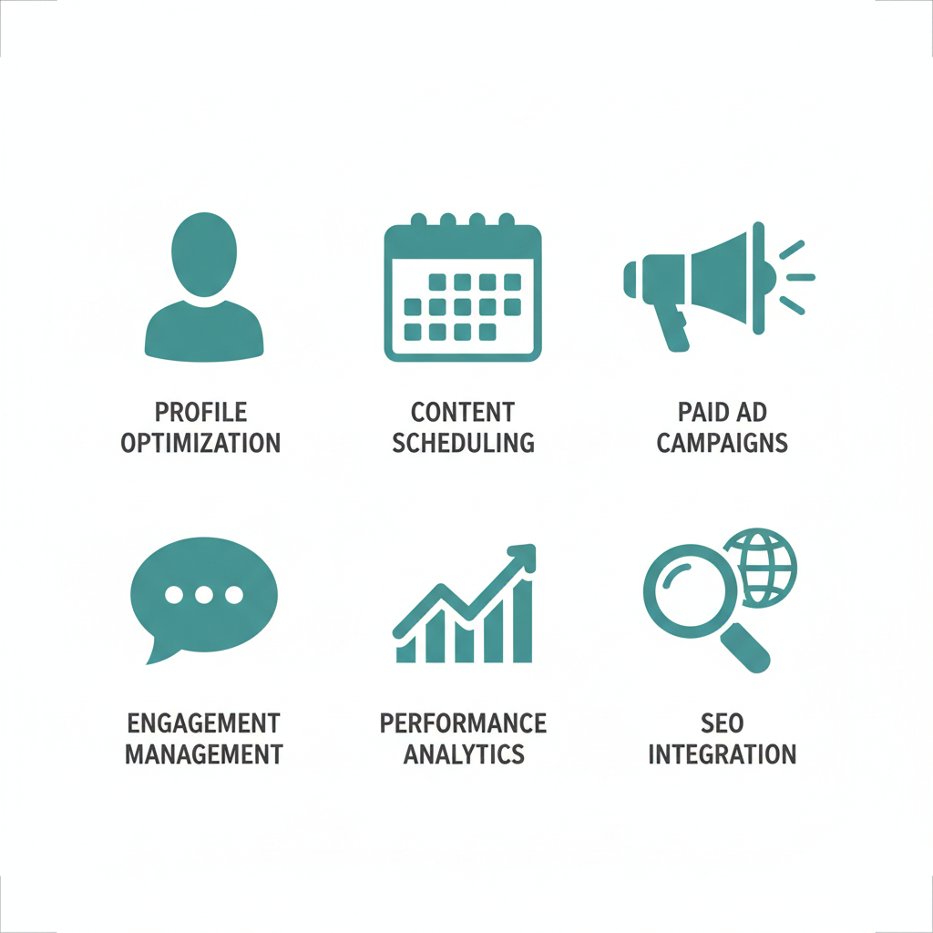 Grid of six icons representing essential social media marketing services including profile optimization, content scheduling, paid ads, engagement management, performance analytics, and SEO integration.