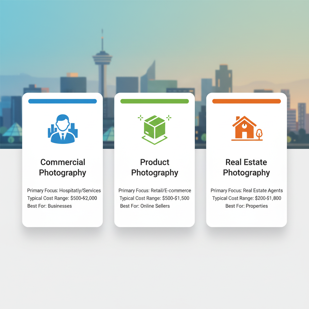 Infographic comparing commercial, product, and real estate photography types in Edmonton with icons, costs, and uses