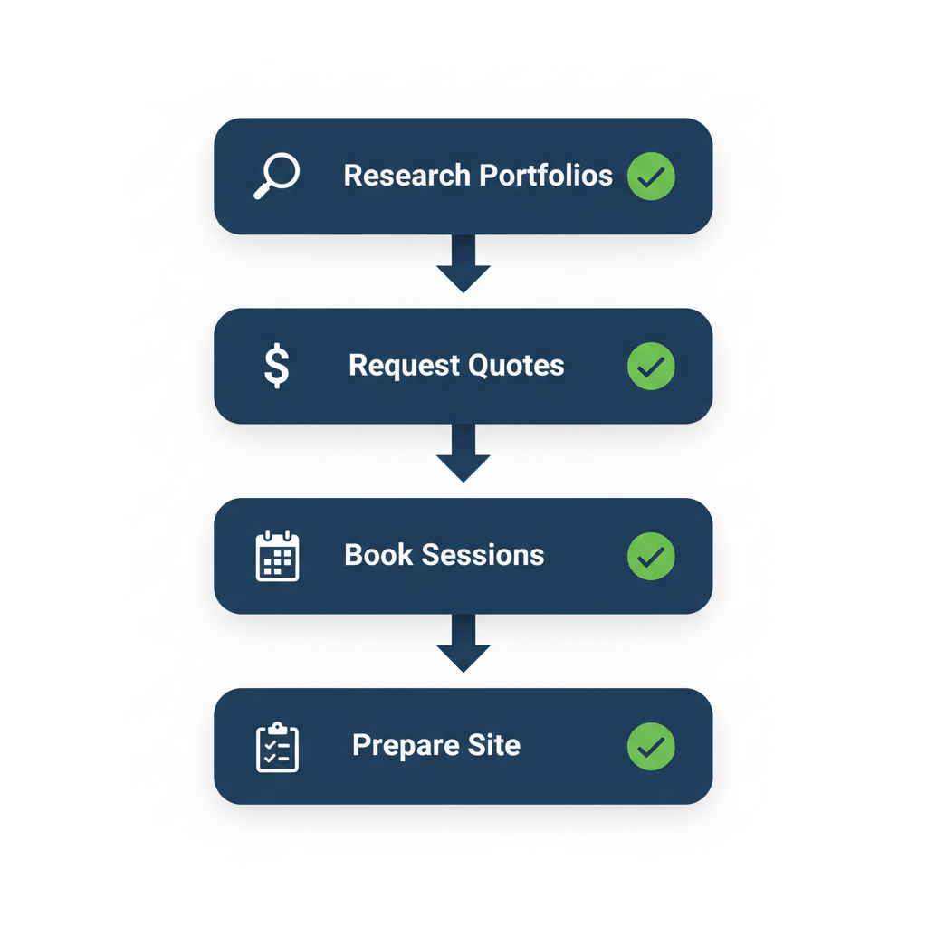 Vertical process flow diagram showing four steps to hire a commercial photographer in Edmonton with icons and connections.
