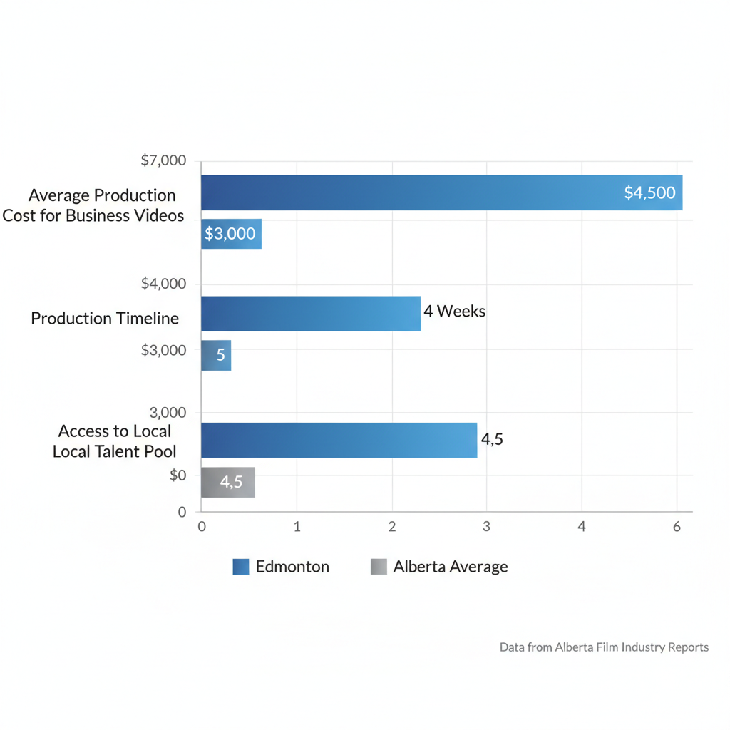 Horizontal bar chart comparing videography production costs, timelines, and talent access in Edmonton versus Alberta averages
