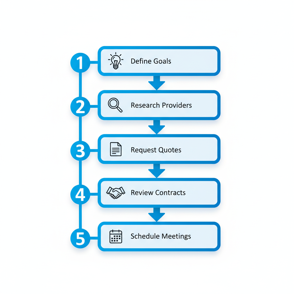 Vertical process flow illustrating five steps to hire a videographer in Edmonton with icons and minimal labels.