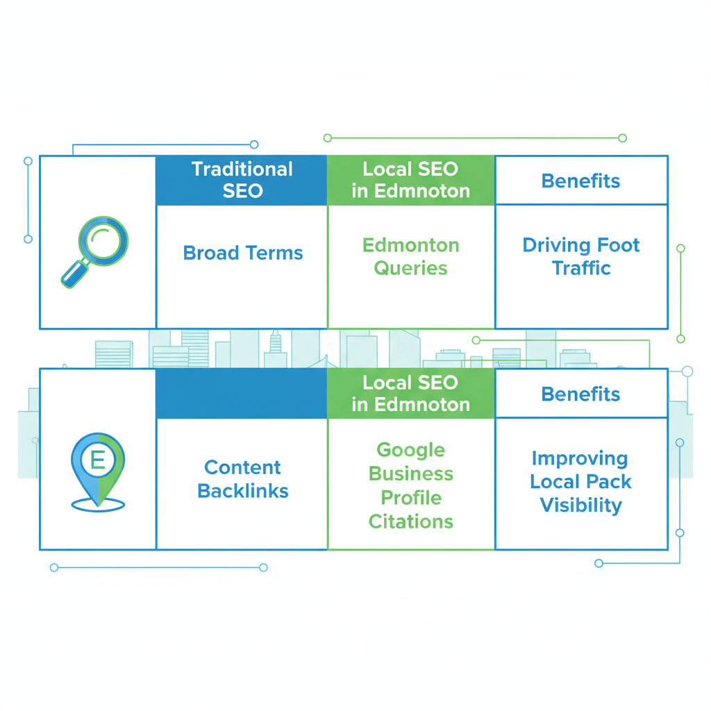 Infographic illustrating comparison between traditional and local SEO tactics for Edmonton businesses, highlighting keywords and optimization benefits.