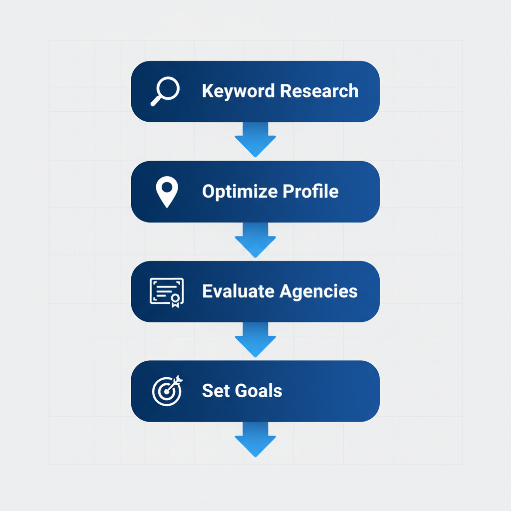 Vertical process flow diagram illustrating four key steps for launching an SEO initiative in Edmonton, featuring icons and minimal labels.