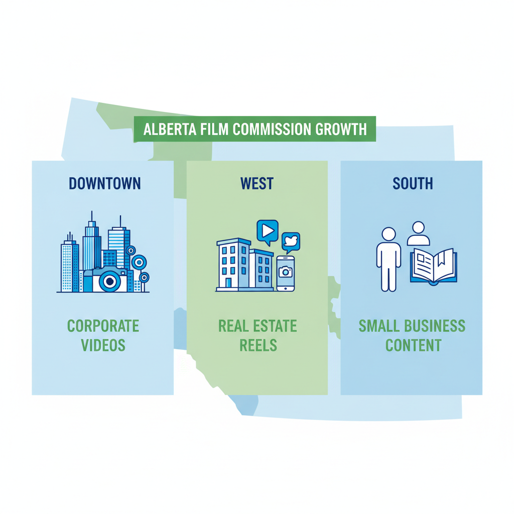Infographic depicting videography services across Downtown, West, and South Edmonton with representative icons and urban color scheme.