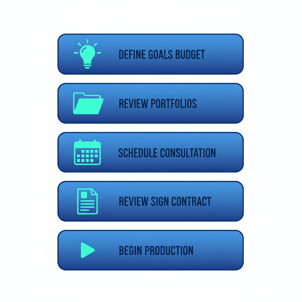 Vertical process flow illustrating five steps to hire Edmonton videography services with icons and minimal labels.