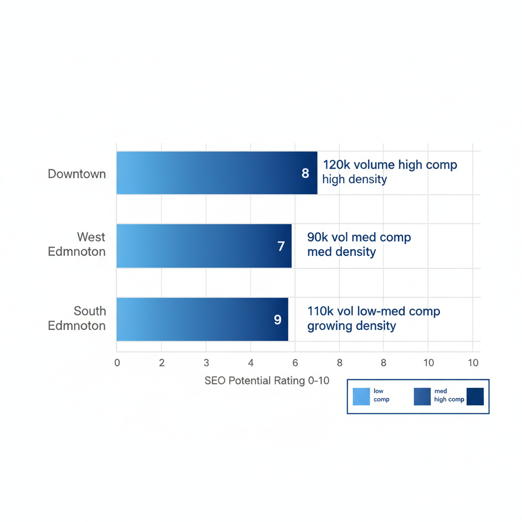 Horizontal bar chart comparing SEO potential ratings and metrics across Edmonton districts: Downtown, West Edmonton, and South Edmonton.