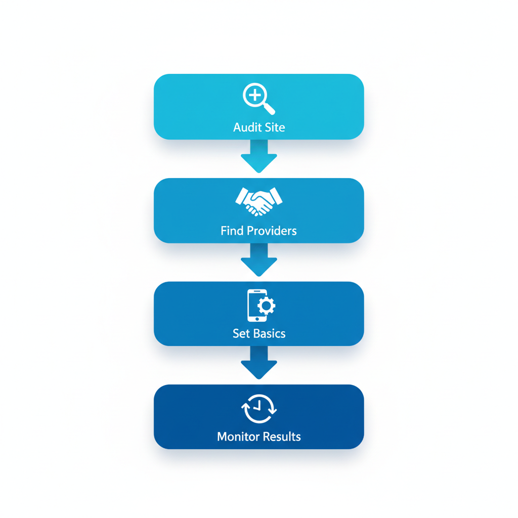 Vertical process flow illustrating four key steps to begin SEO in Edmonton with icons and labels