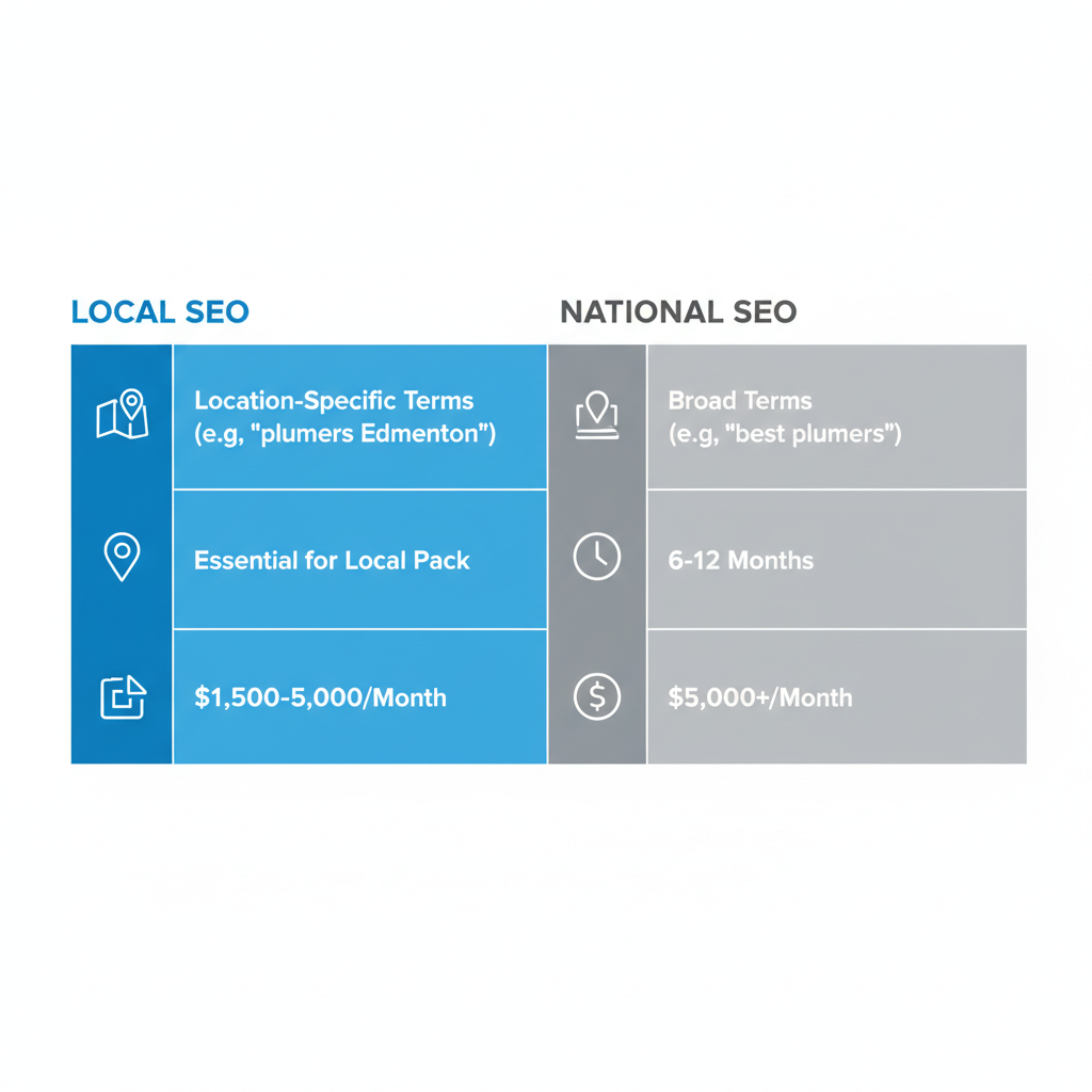 Infographic table comparing Edmonton local SEO and national SEO strategies with icons for keywords, optimization, timeline, and costs.