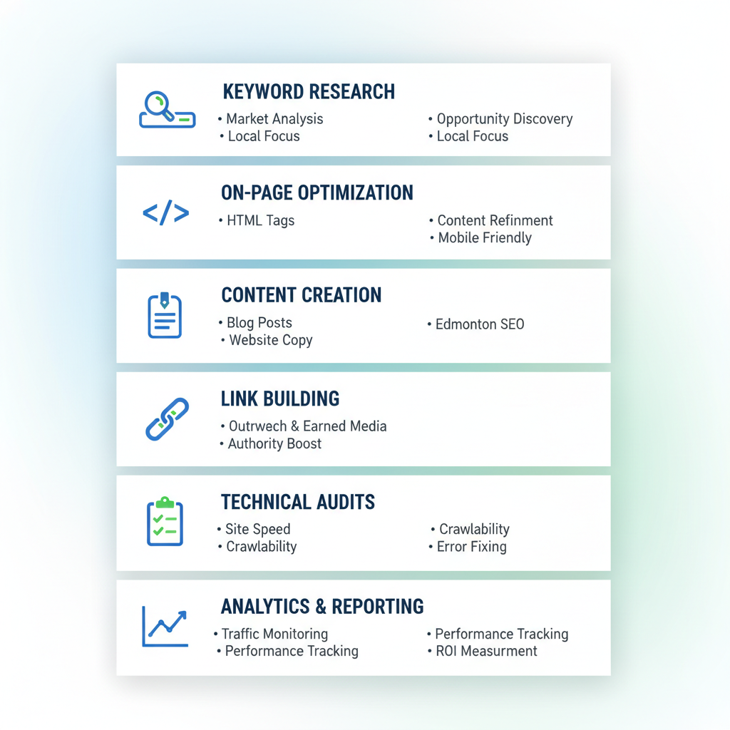 Infographic detailing key SEO services available in Edmonton including keyword research, optimization, and analytics