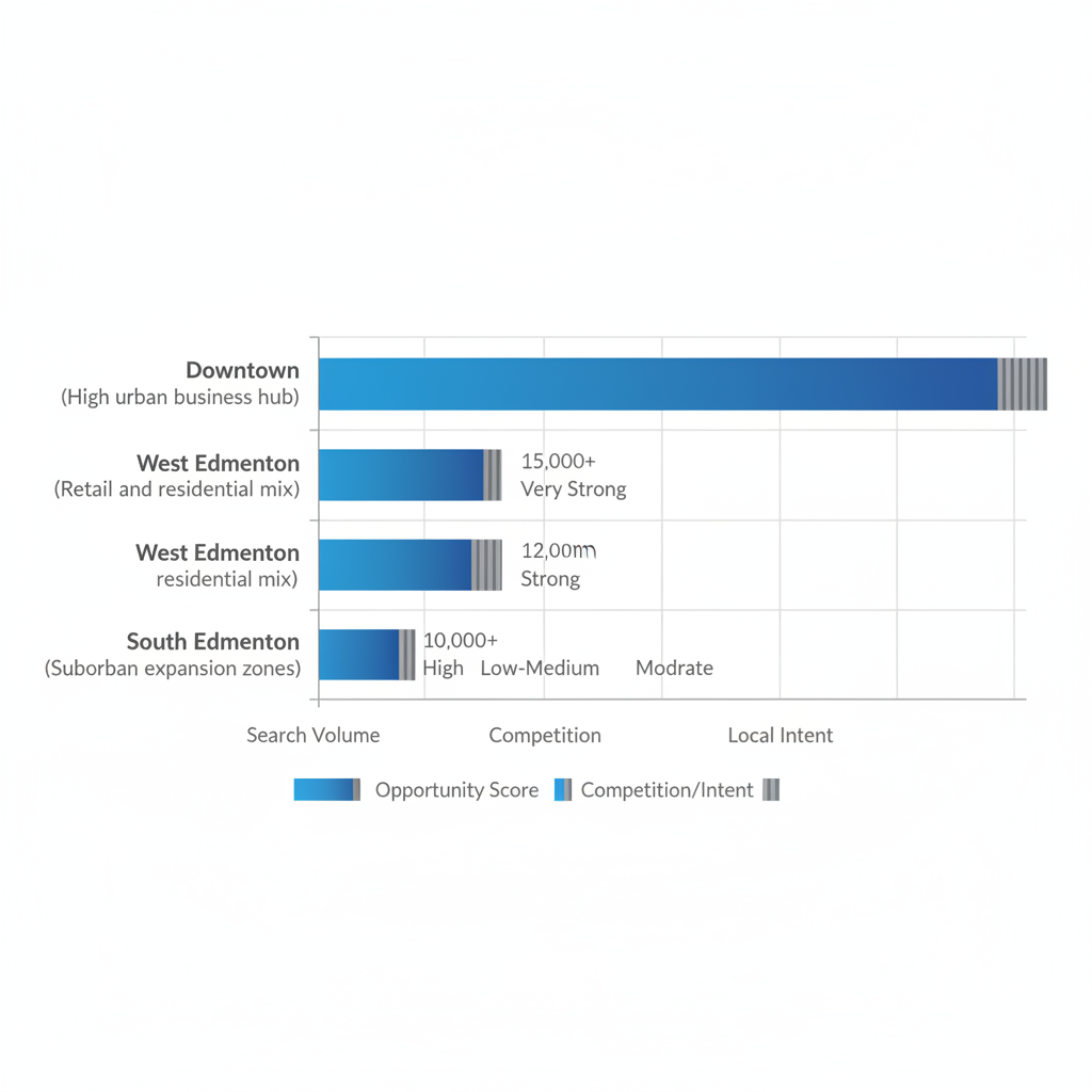 Horizontal bar chart illustrating SEO opportunities across Edmonton areas including search volume, competition, and local intent metrics