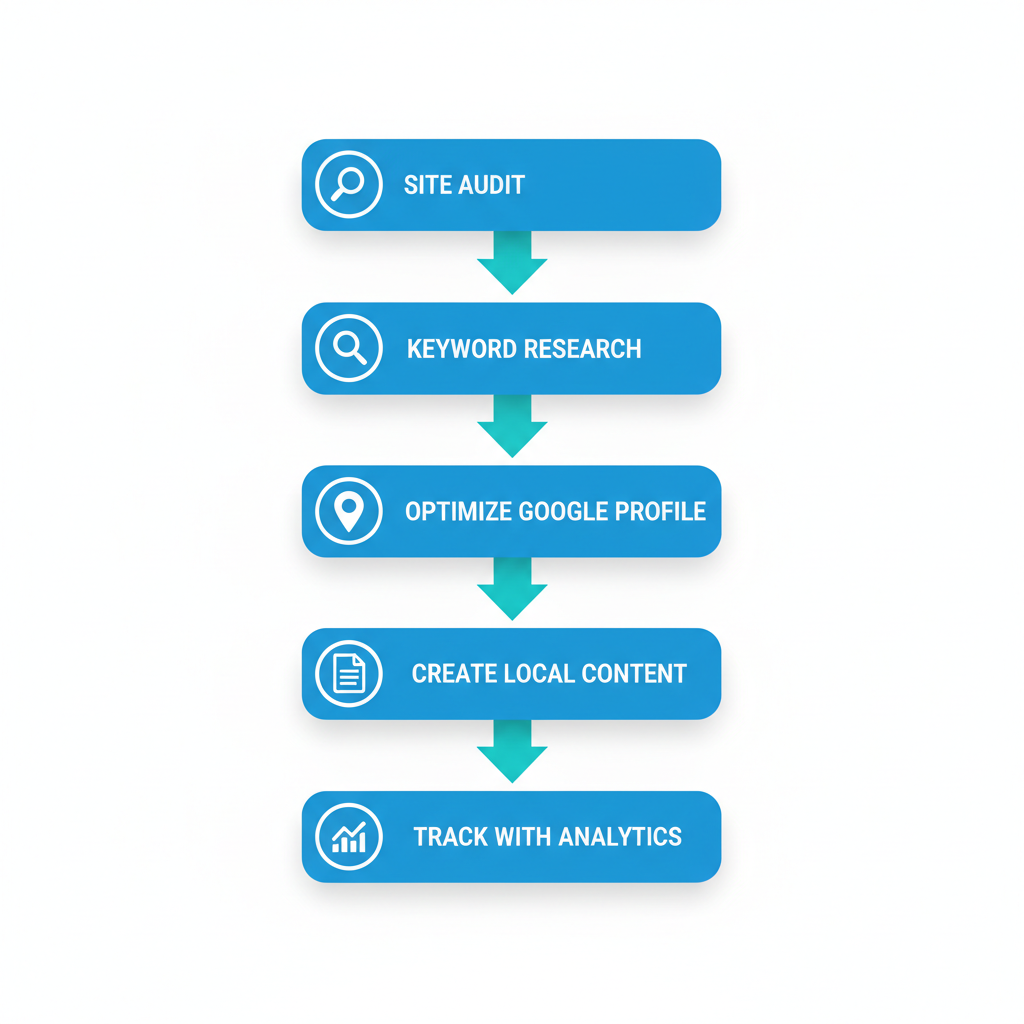 Vertical process flow diagram illustrating five steps to start SEO in Edmonton: site audit, keyword research, Google Business Profile optimization, local content creation, and analytics tracking.