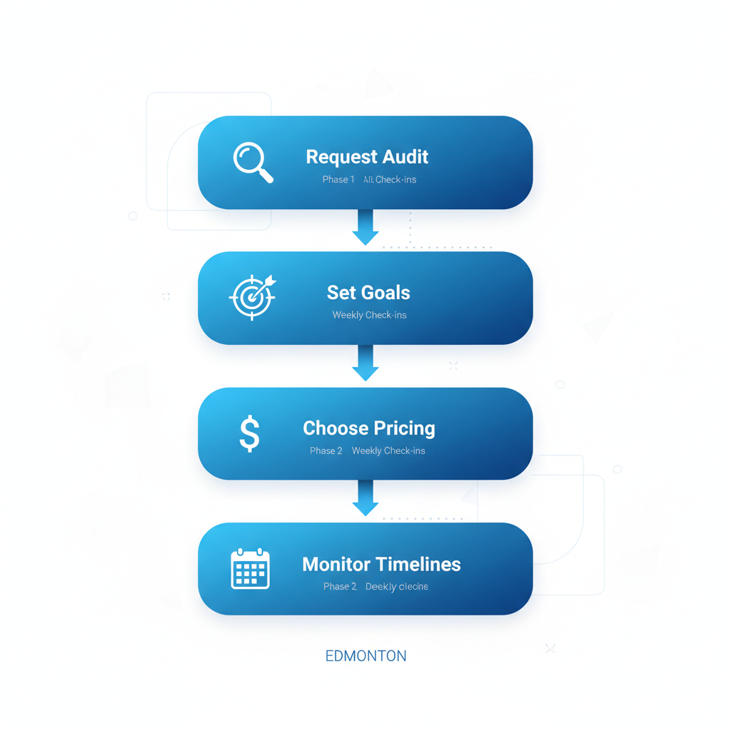 Vertical process flow illustrating four key steps to launch an SEO strategy: request site audit, set business goals, choose pricing model, and monitor timelines.