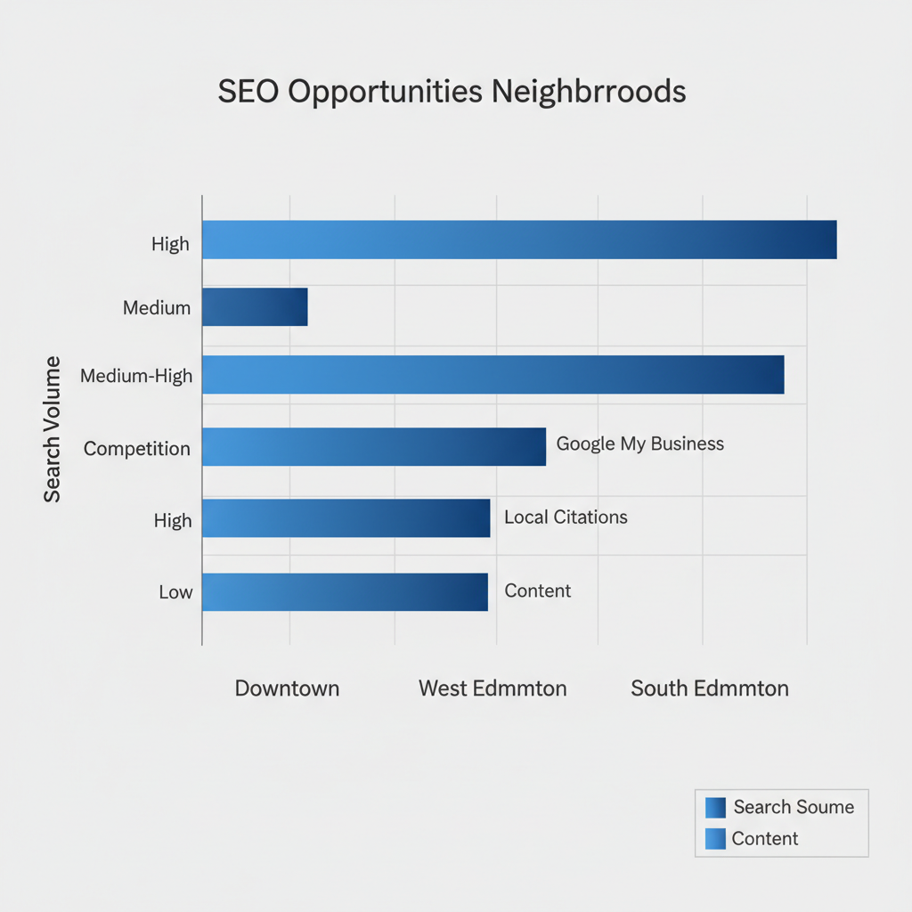 Horizontal bar chart showing SEO opportunities in Edmonton neighborhoods with search volume and competition levels.
