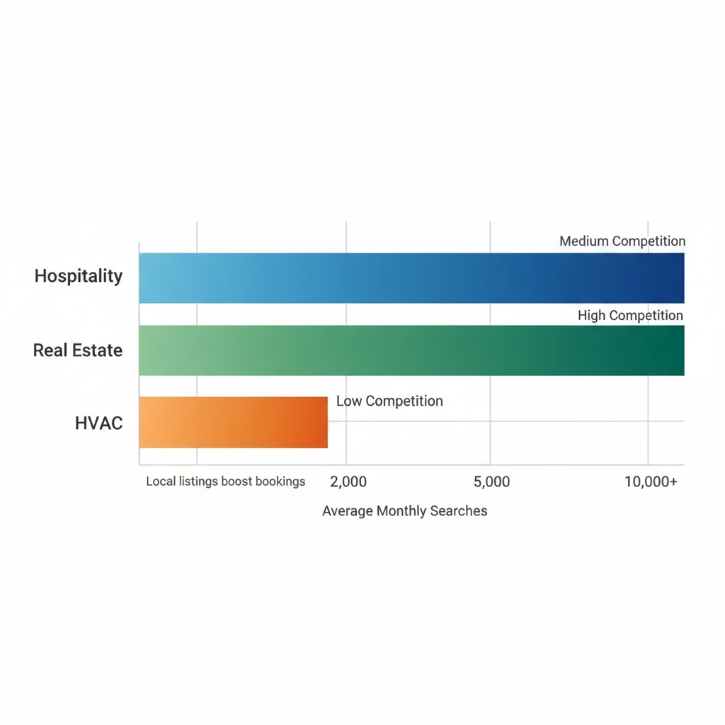 Horizontal bar chart showing SEO search volumes and opportunities in Edmonton's hospitality, real estate, and HVAC sectors with competition indicators.