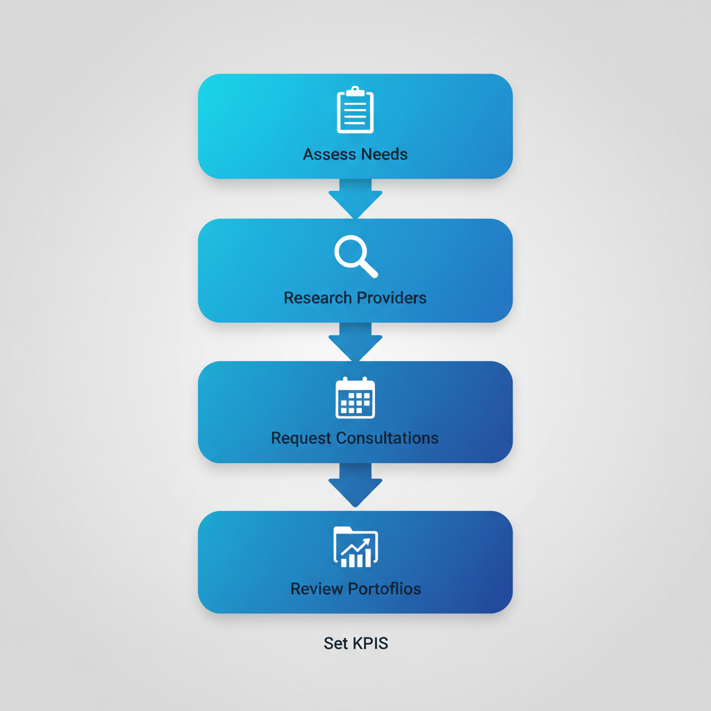 Vertical process flow diagram showing five steps to engage an SEO expert in Edmonton: assess needs, research providers, request consultations, review portfolios, and set KPIs.