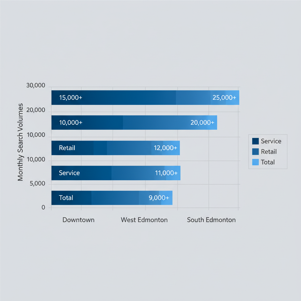 Horizontal bar chart comparing monthly local search volumes for services and retail in Edmonton neighborhoods: Downtown, West Edmonton, and South Edmonton.