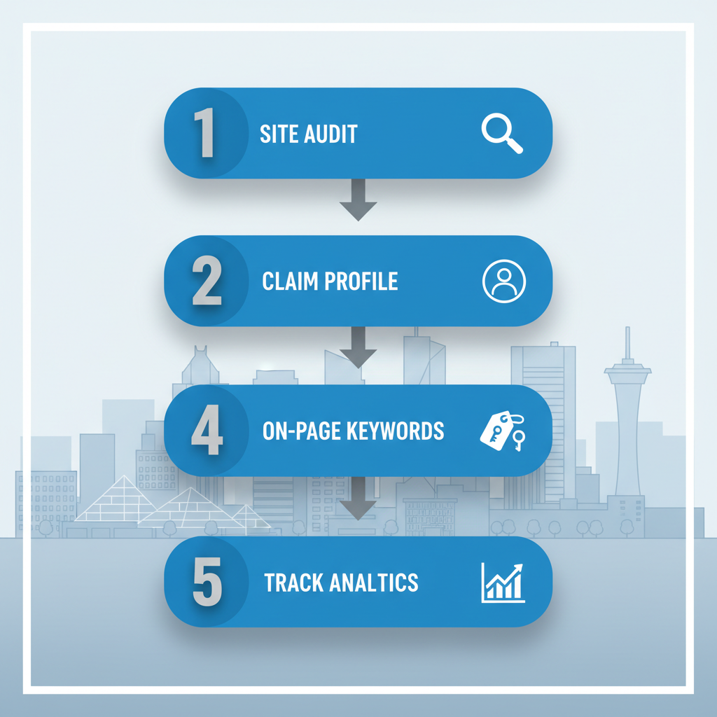 Vertical process flow diagram illustrating five steps to launch Local SEO in Edmonton with icons and minimal labels.