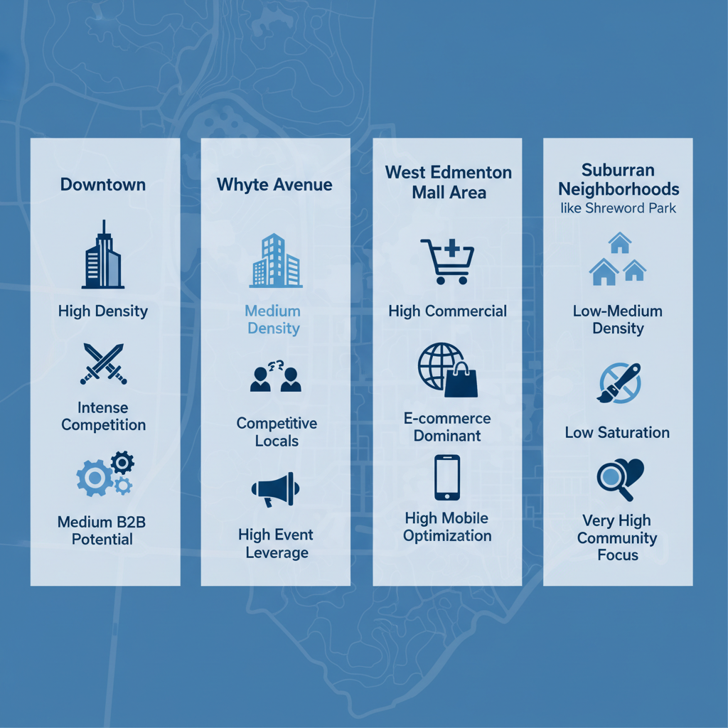 Infographic comparing SEO opportunities in Edmonton's business districts: Downtown, Whyte Avenue, West Edmonton Mall, and suburbs.