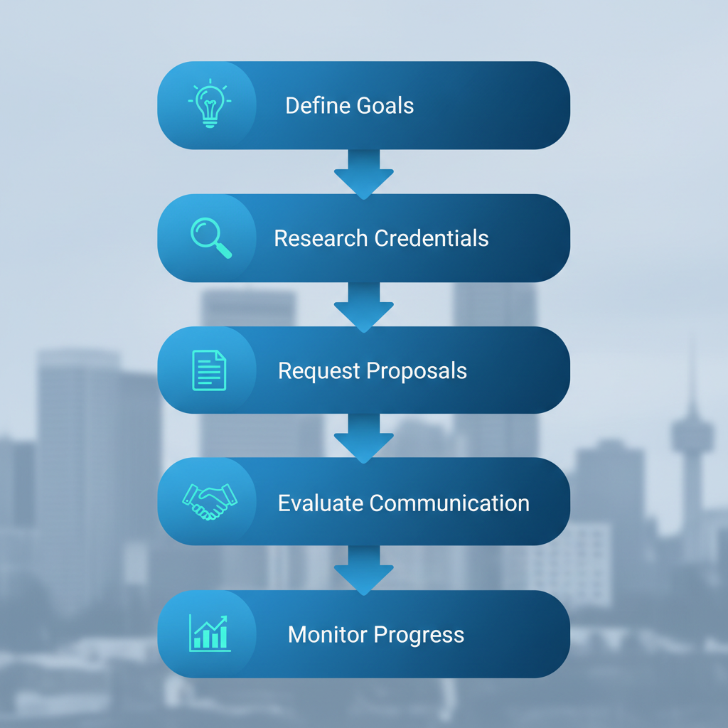 Vertical process flow diagram illustrating five steps to hire an SEO consultant in Edmonton with icons and blue design elements.