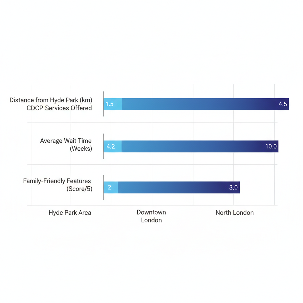 Horizontal bar chart showing CDCP dental access comparison in London neighborhoods including distances, services, wait times, and family features.