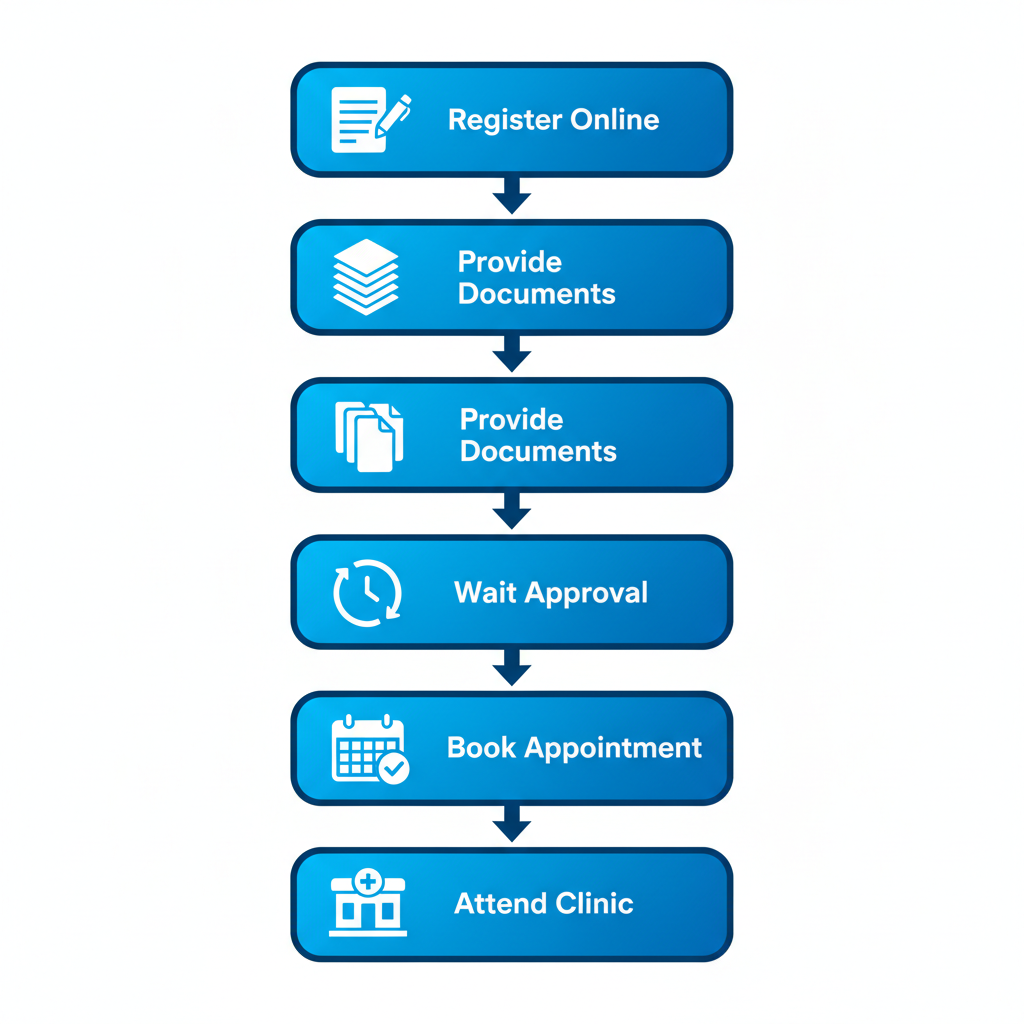 Vertical process flow diagram showing five steps to apply for CDCP and book dental appointments at Smilo Family Dental.