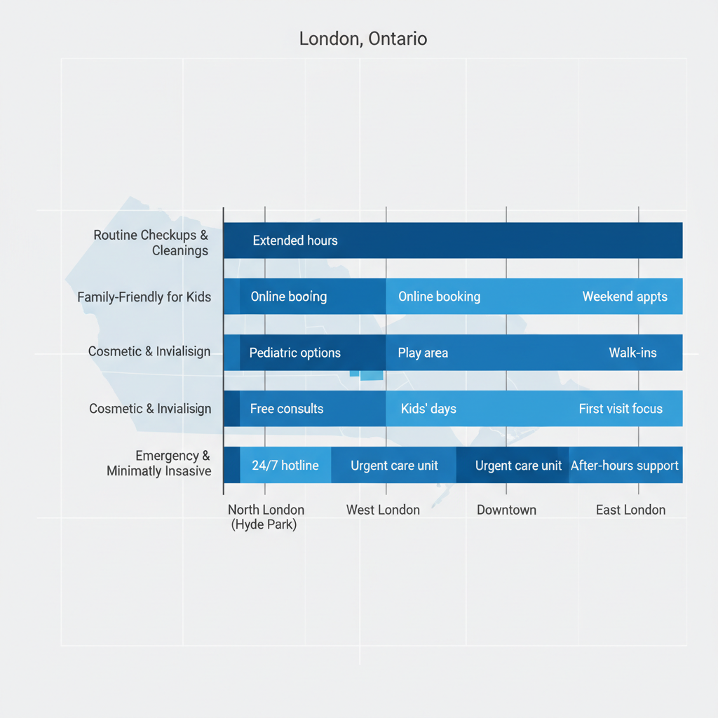 Horizontal bar chart comparing availability of family dental services like checkups, kids options, cosmetics, and emergency care across North, West, Downtown, and East London areas.