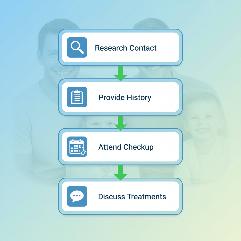 Vertical process flow diagram illustrating four steps to begin family dental journey: research and contact, provide history, attend checkup, and discuss treatments.