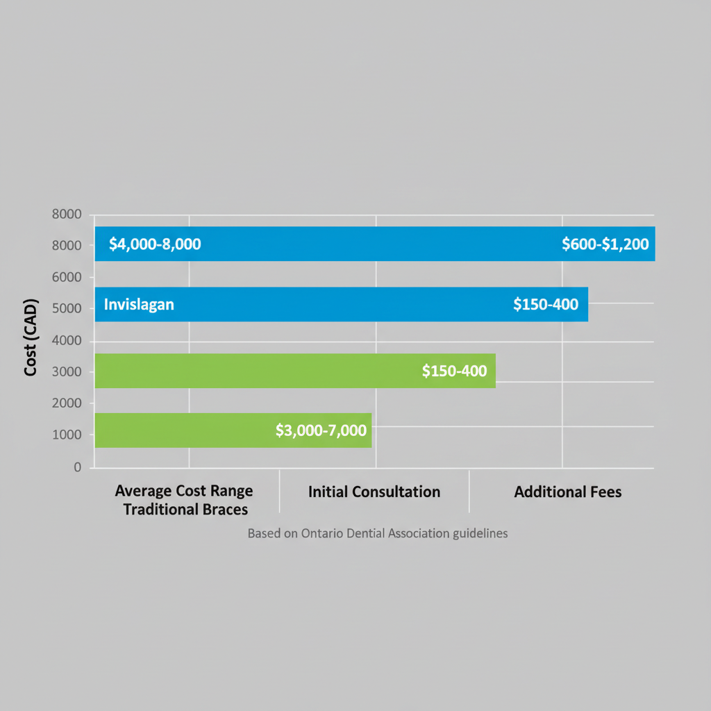 Horizontal bar chart comparing Invisalign and traditional braces costs in London, Ontario, with metrics for average range, consultation, and fees in CAD.