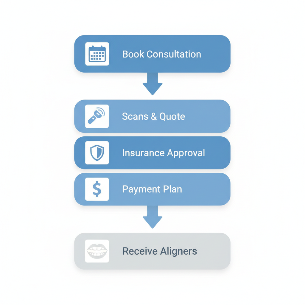 Vertical process flow diagram illustrating the five steps to begin Invisalign treatment at Smilo Family Dental, including consultation booking, scans, insurance, payment, and aligner receipt.