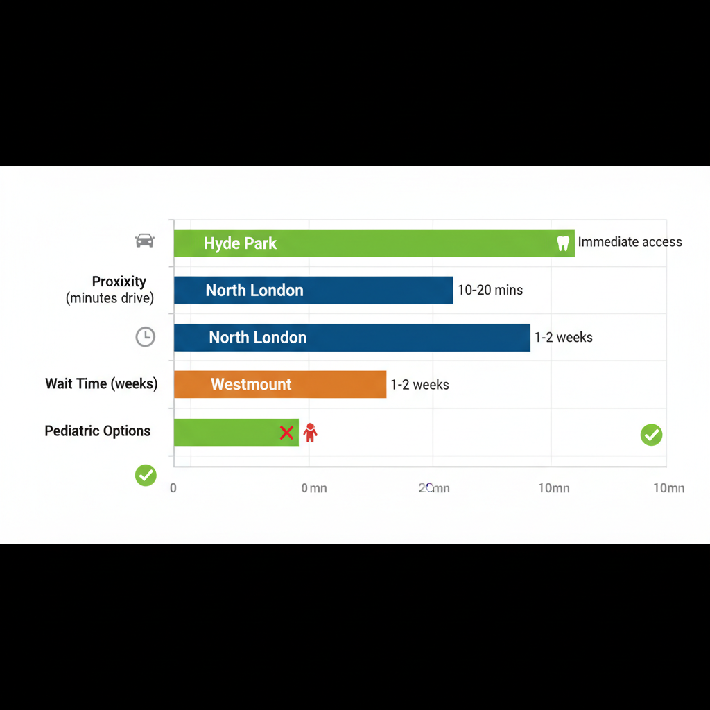 Horizontal bar chart comparing dental care access, proximity, wait times, and pediatric options across Hyde Park, North London, and Westmount neighborhoods in London, Ontario.