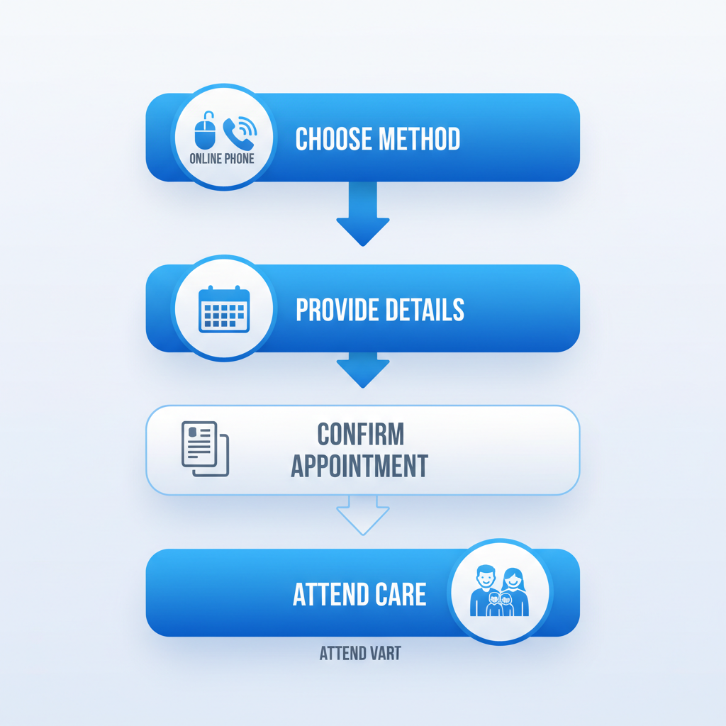 Vertical process flow diagram showing five steps to book a dental appointment at Smilo Family Dental.