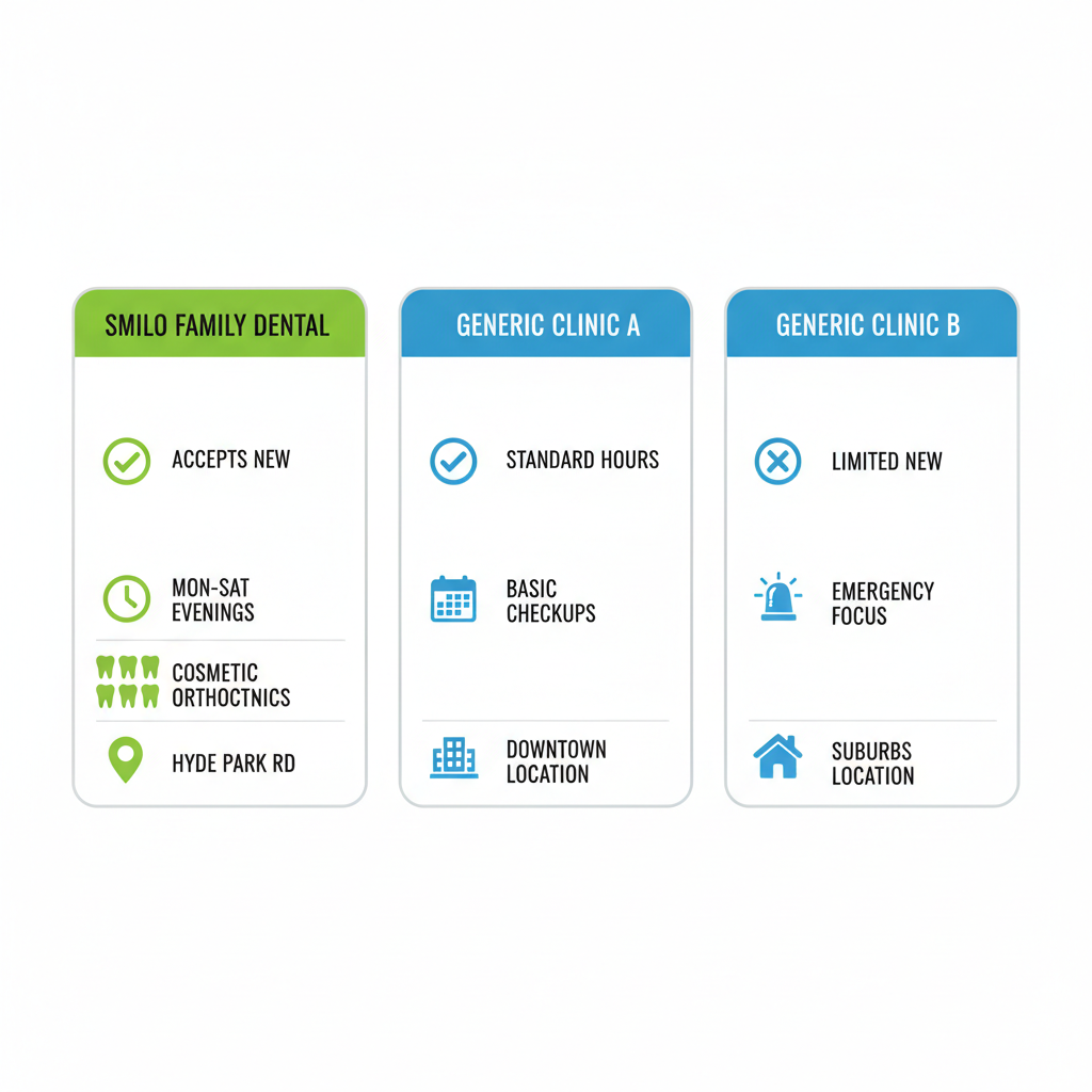 Infographic comparing Smilo Family Dental with generic clinics in London, Ontario, showing services, hours, and locations.