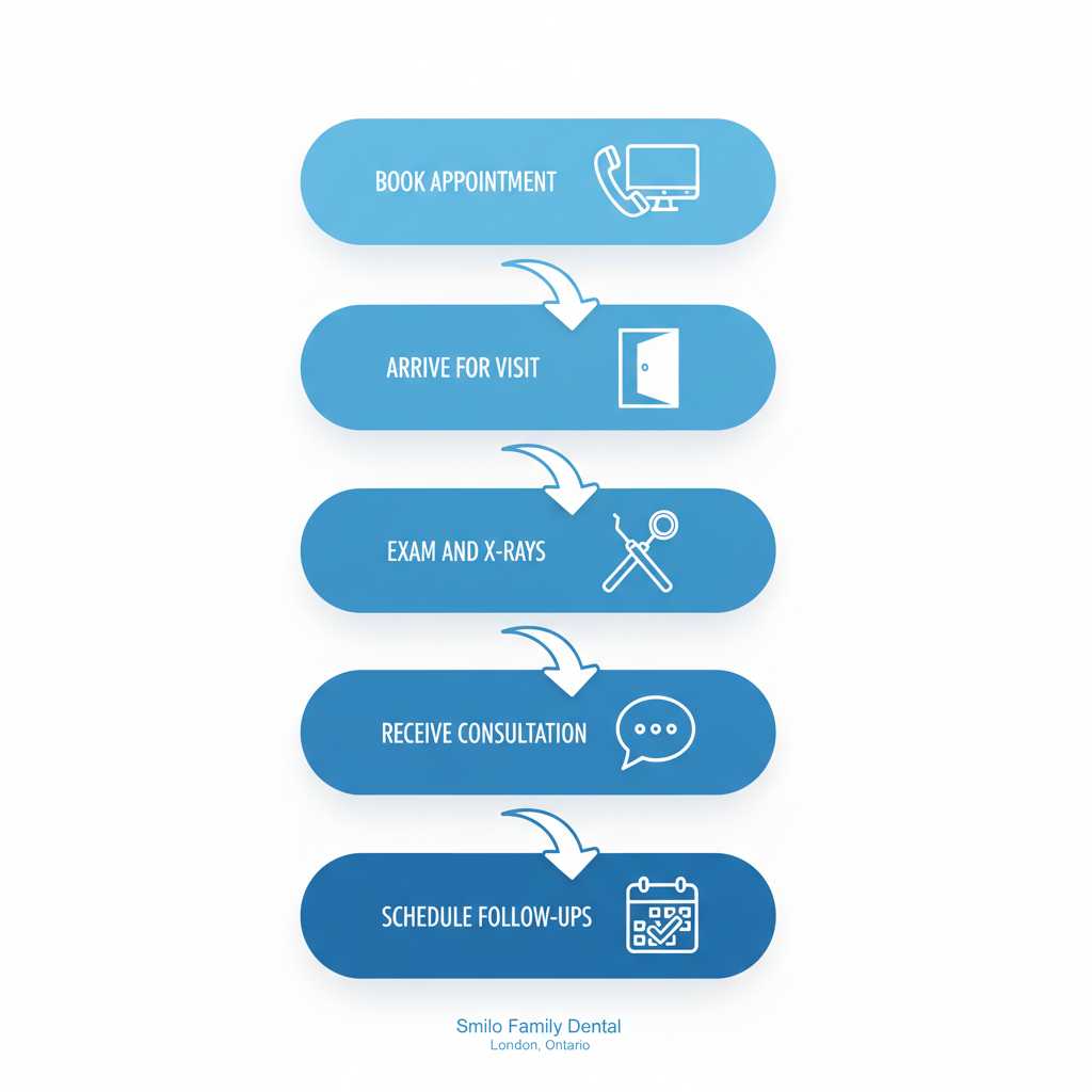 Vertical process flow diagram illustrating the five steps to begin family dental care in London, Ontario, featuring icons for booking, arrival, examination, consultation, and follow-ups.
