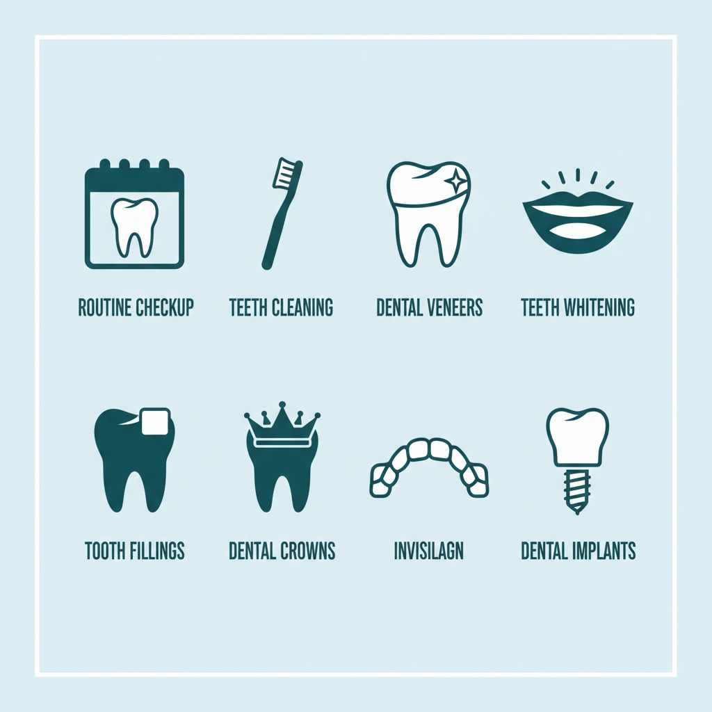 Set of icons depicting comprehensive dental services including checkups, cleanings, cosmetic and restorative treatments