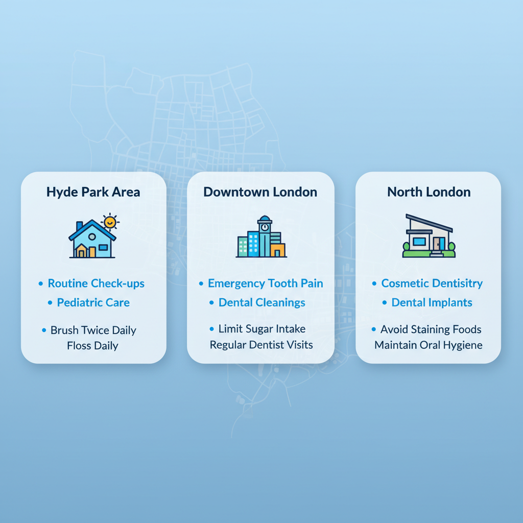 Infographic comparing dental care needs across London, Ontario neighborhoods: Hyde Park, Downtown, and North London.