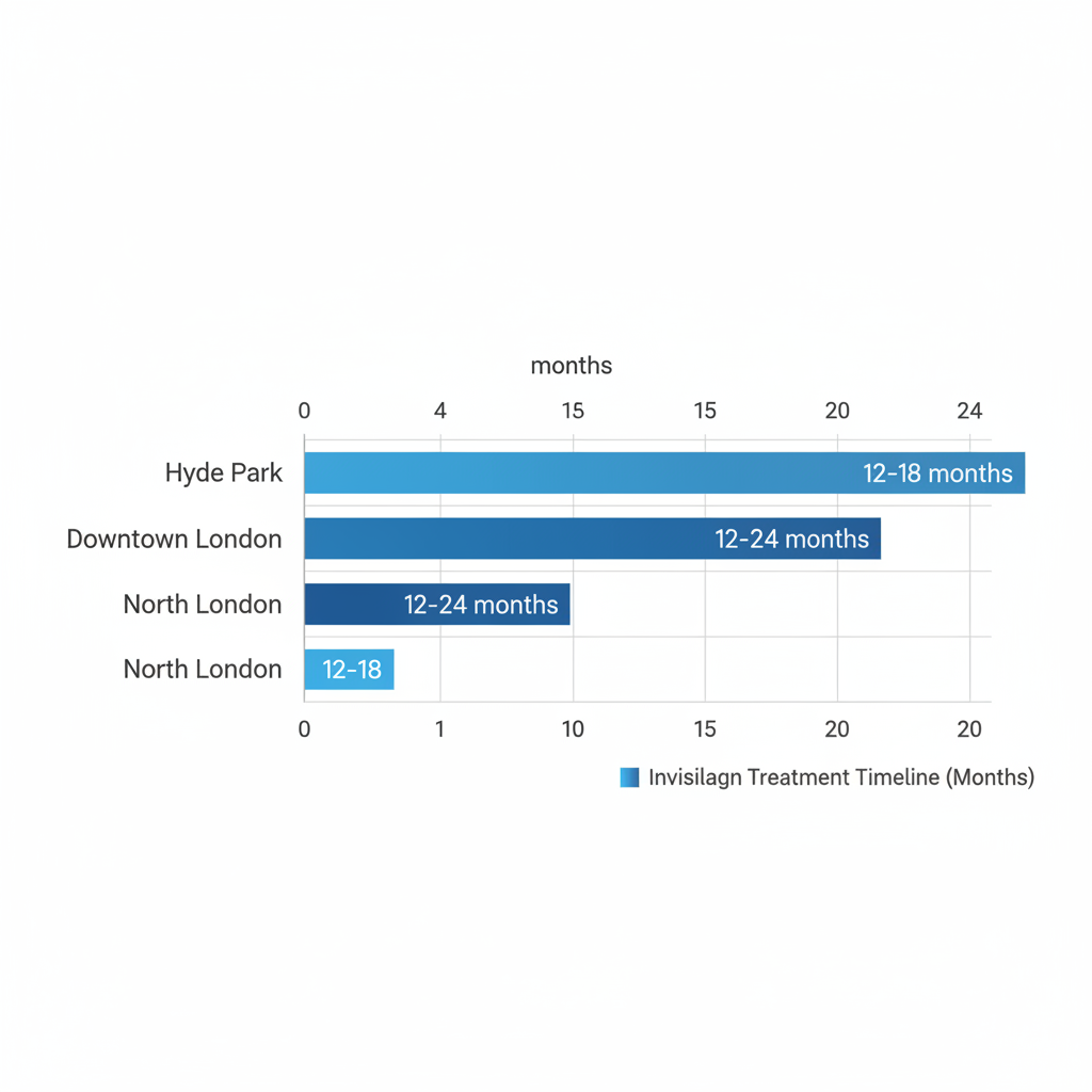 Horizontal bar chart comparing Invisalign treatment timelines in London neighborhoods: Hyde Park 12-18 months, Downtown 12-24 months, North 12-18 months.