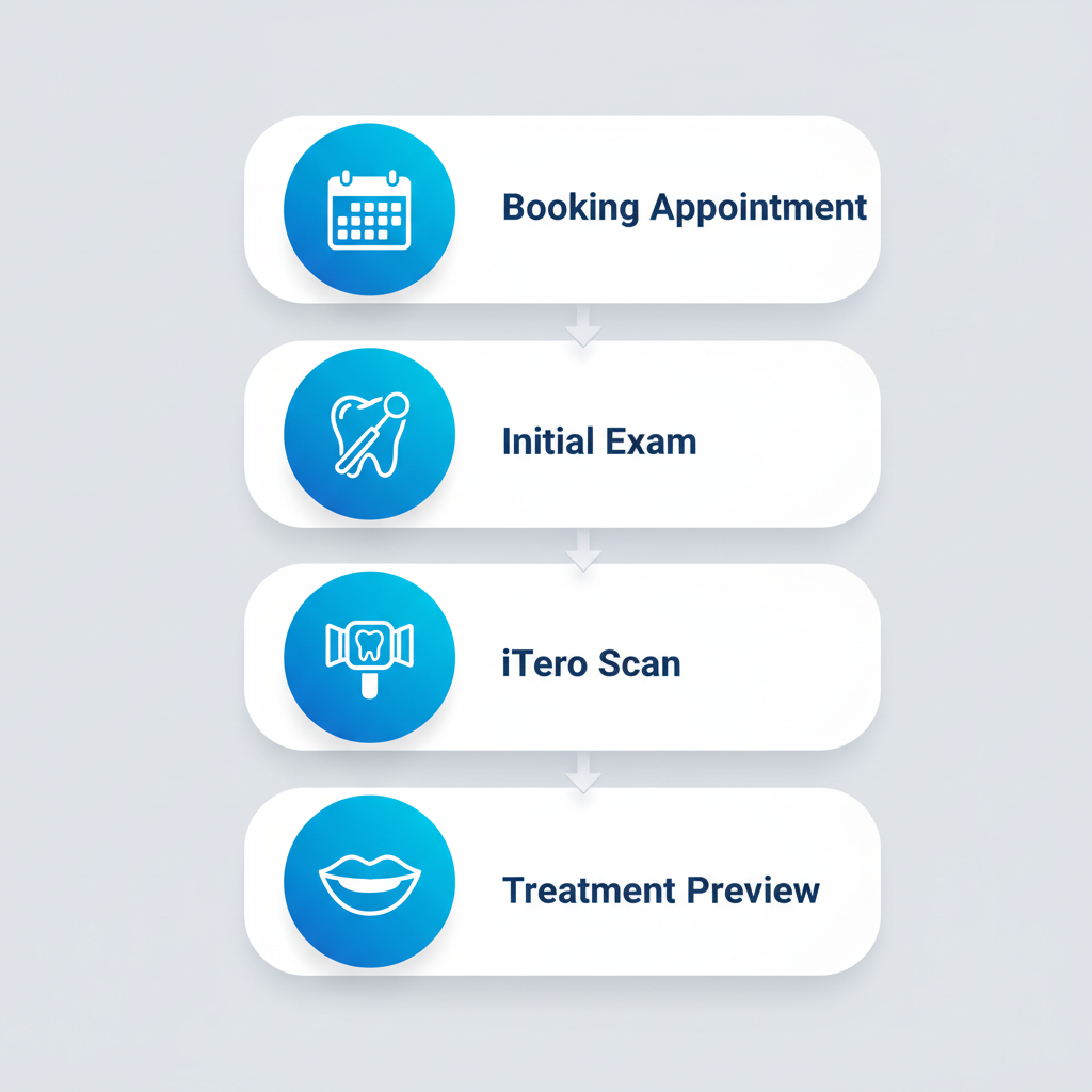 Process flow diagram illustrating the four key steps in starting Invisalign treatment at a family dental clinic