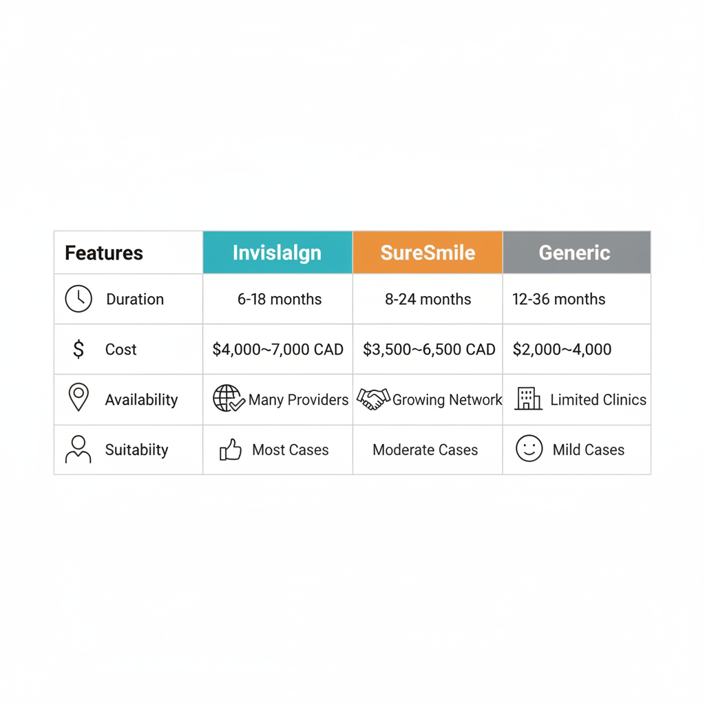 Infographic comparing Invisalign, SureSmile, and generic clear aligners by treatment duration, cost, provider availability, and suitability for adults in London, Ontario.