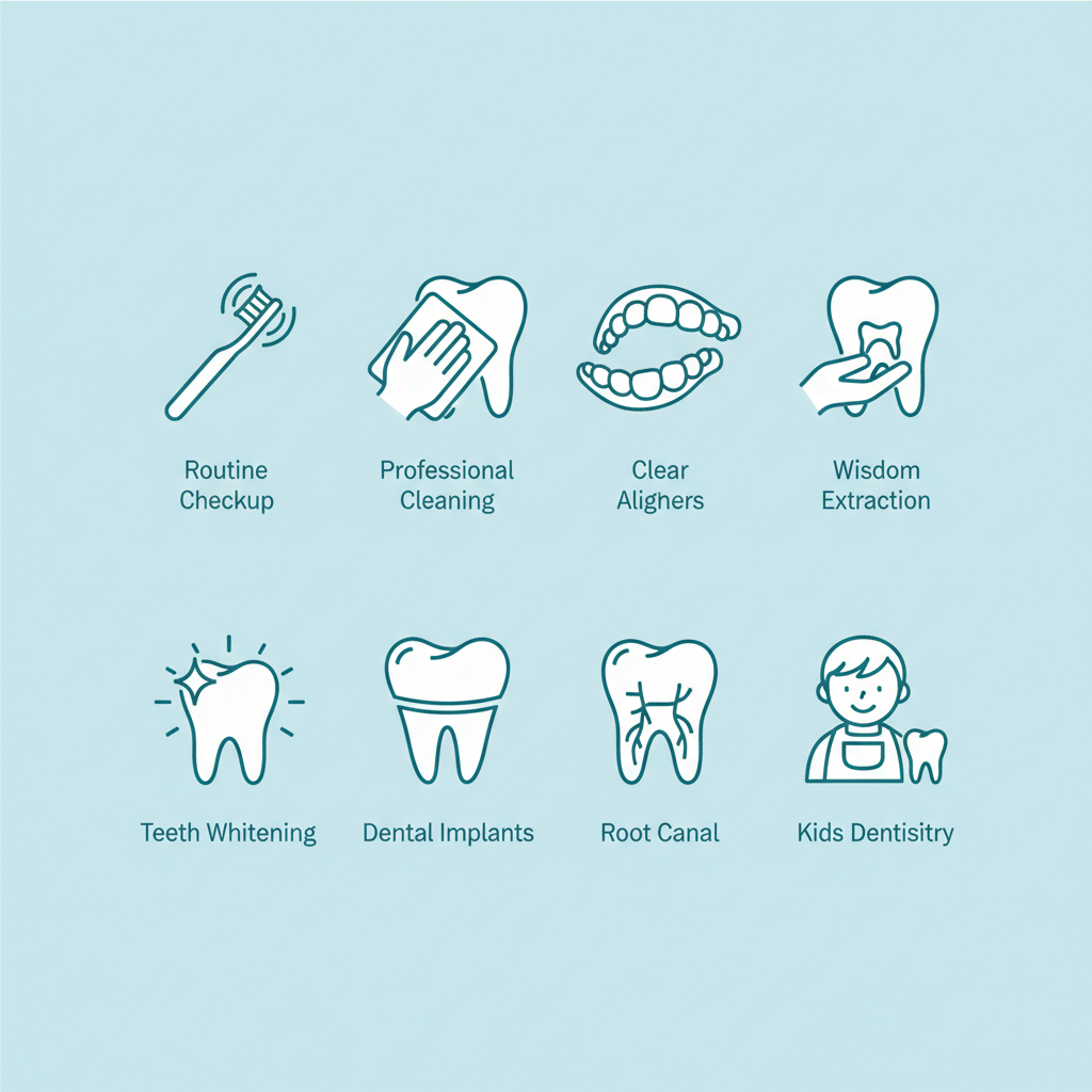 Icon grid showing eight common dental services: checkups, cleanings, Invisalign, extractions, whitening, implants, root canals, and pediatric care.