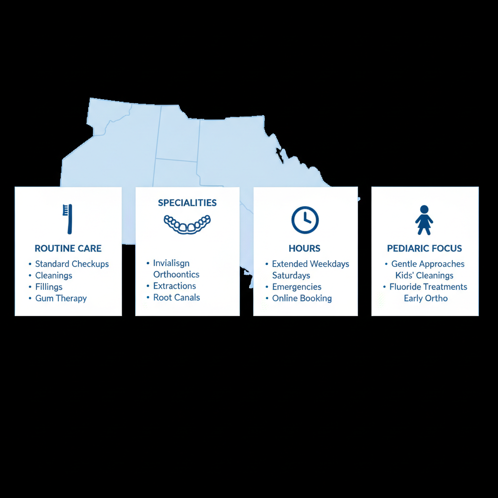 Infographic summarizing family dental services including routine care, specialties, hours, and pediatric focus in London, Ontario