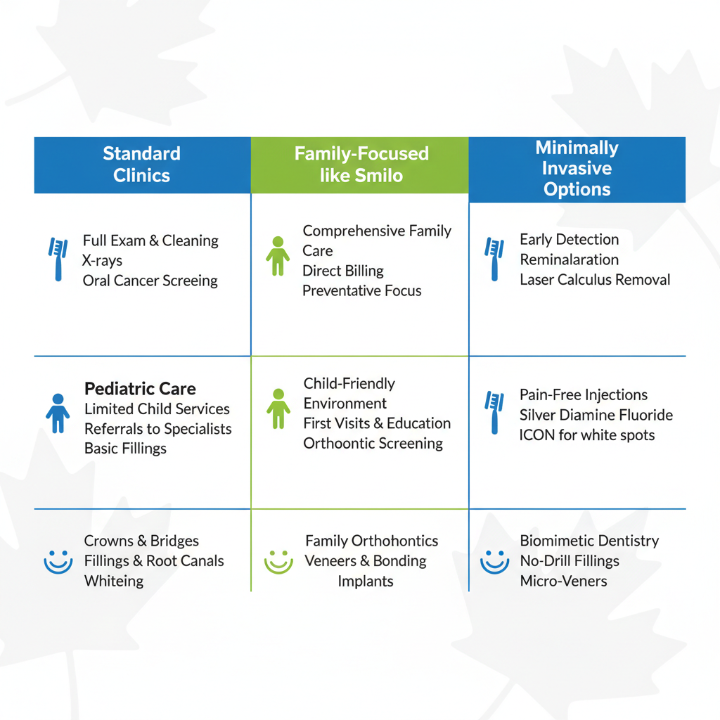 Infographic comparing standard, family-focused, and minimally invasive dental services in London, Ontario clinics.