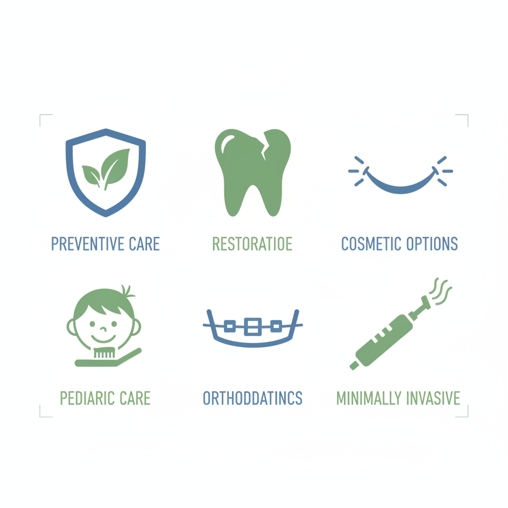 Grid of six icons illustrating family dental services including preventive care, restorative treatments, cosmetic options, pediatric care, orthodontics, and minimally invasive procedures.
