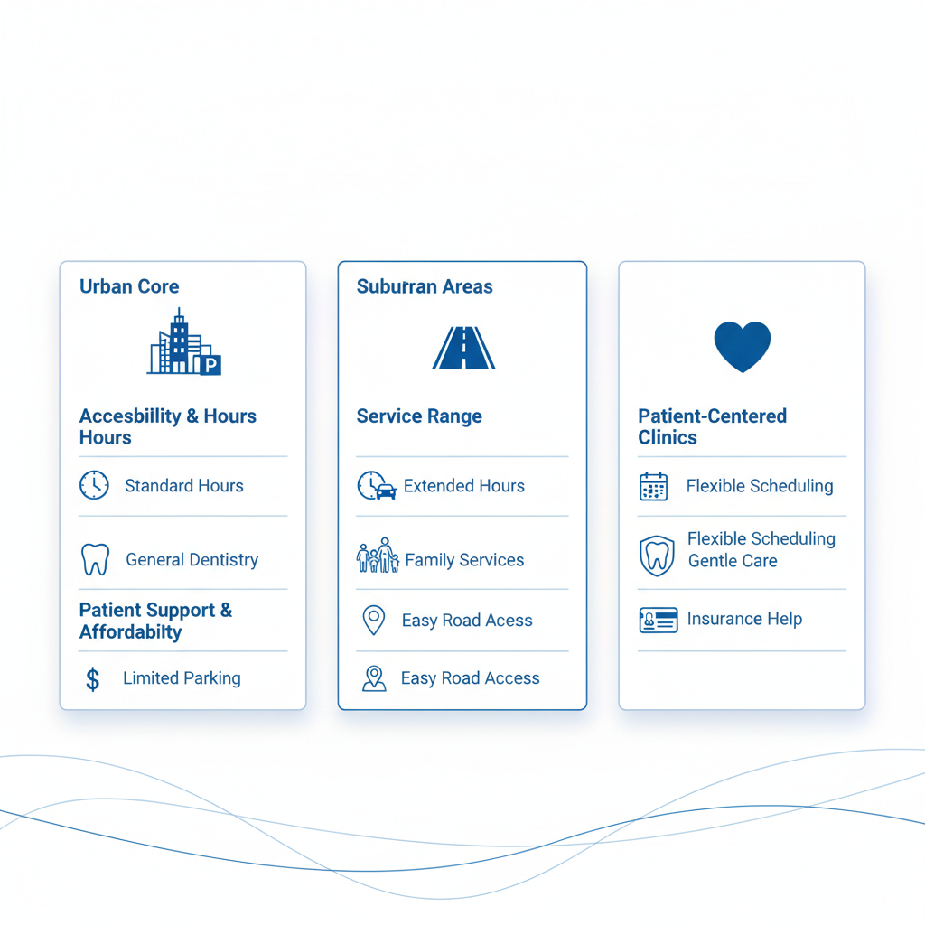 Infographic comparing dental care factors in urban core, suburban areas, and patient-centered clinics in London, Ontario