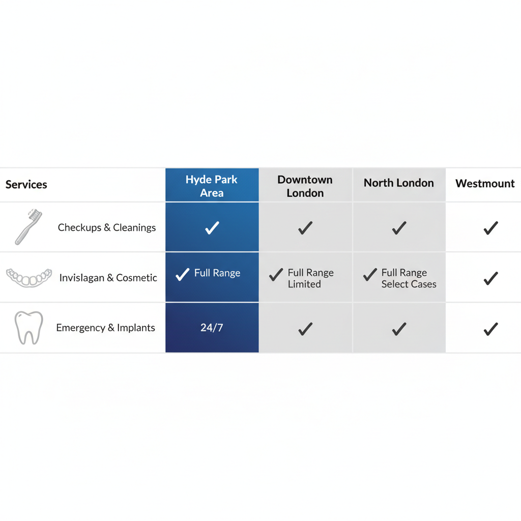 Infographic comparing family dental services in different London, Ontario areas with icons and color-coded columns