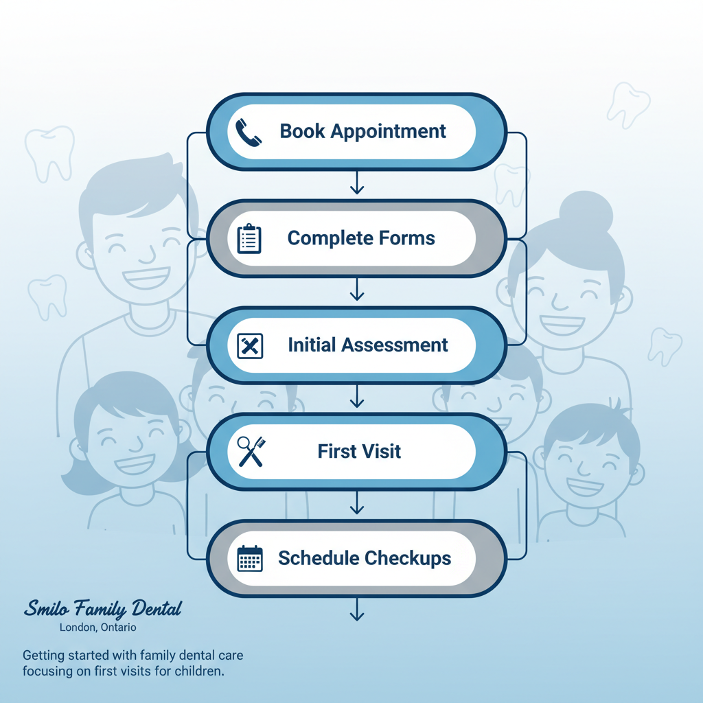 Vertical process flow diagram illustrating the steps to begin dental care at Smilo Family Dental, including booking, forms, assessment, procedures, and scheduling.