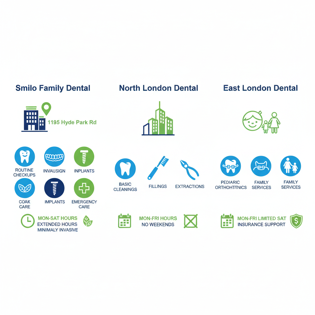 Infographic comparing features of Smilo Family Dental and other practices in London, Ontario