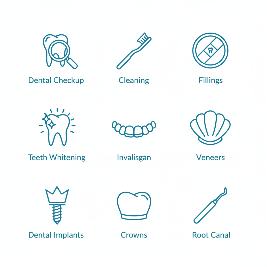 Grid of nine icons illustrating dental services like checkups, cleanings, fillings, whitening, Invisalign, veneers, implants, crowns, and root canals in London clinics